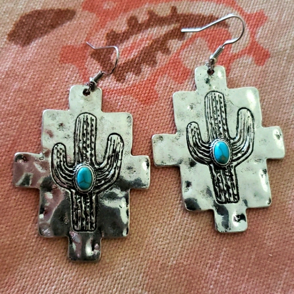 Turquoise Cactus Earrings. Silver. Western Boho - Picture 2 of 8
